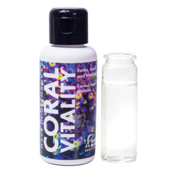 Coral Vitality solution for enhancing coral color and vitality, with a vial of clear liquid.