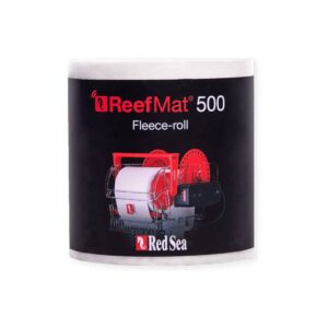 Red Sea ReefMat 500 automatic filter system on product label, highlighting its fleece-roll feature.