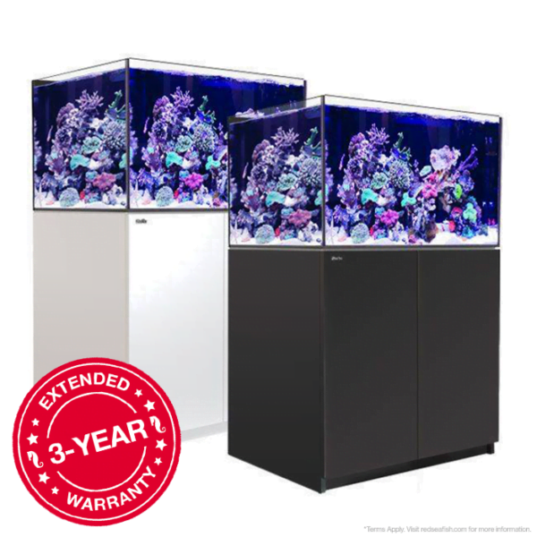 Stylish aquariums with vibrant coral reefs, available with a 3-year extended warranty.