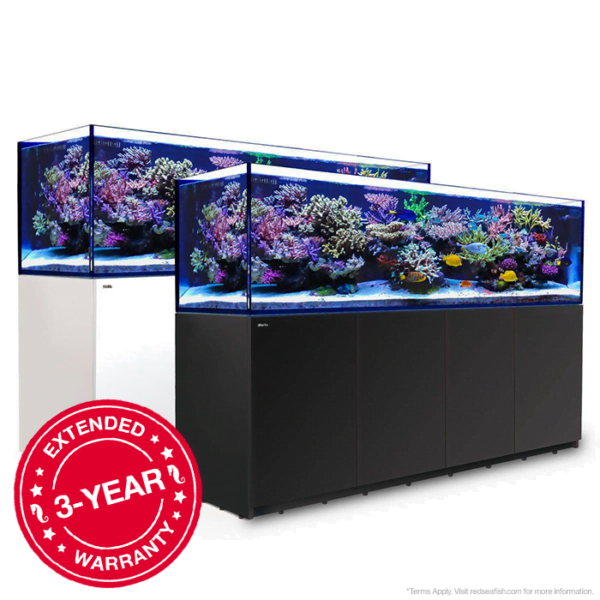 Large reef aquarium setups with extended 3-year warranty, featuring colorful coral and marine fish.