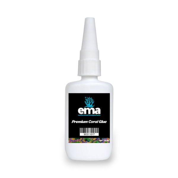 A bottle of EMA premium coral glue with a black label and the Eastern Marine Aquariums logo on a white container.