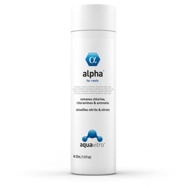 Aquavitro Alpha for reefs bottle, removes chlorine, chloramines, ammonia, and detoxifies nitrite.