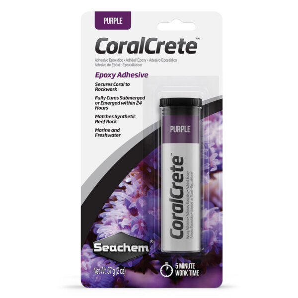 CoralCrete Epoxy Adhesive by Seachem in purple packaging, used to secure coral to rockwork, shown with product details.