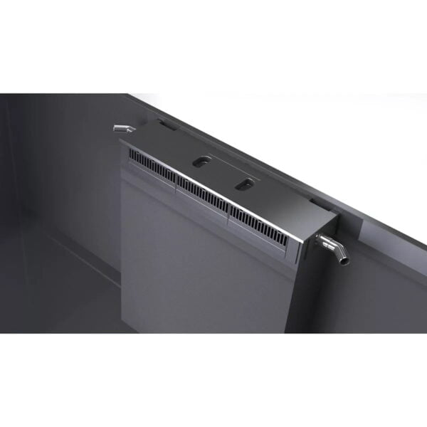 Close-up of an overflow box for aquariums, showing water outlets and a sleek design.