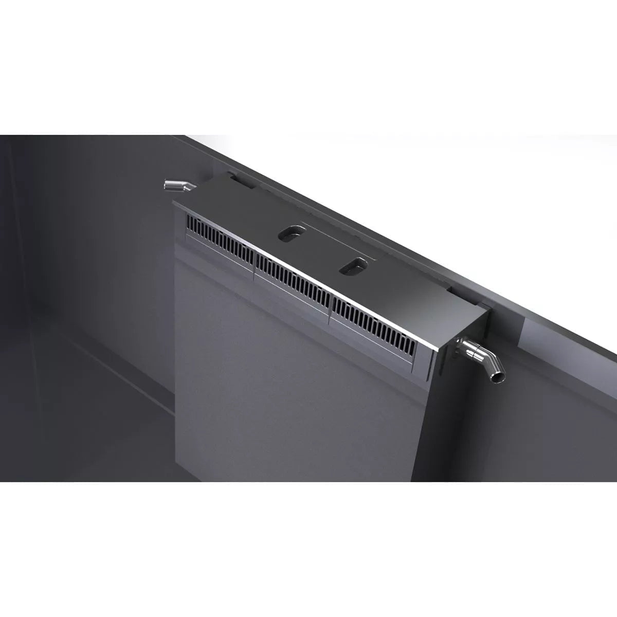 dual_return_pump_outlets-1200x1200_1_5_1_1_1_3_1_2 Close-up of an overflow box for aquariums, showing water outlets and a sleek design.