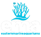 White text 'ema' with a blue coral design above it representing Eastern Marine Aquariums.