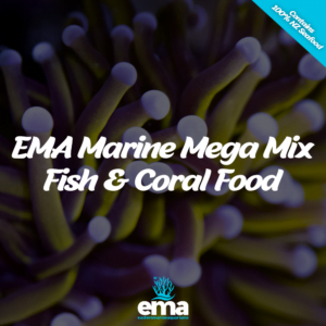 Advertisement for EMA Marine Mega Mix Fish & Coral Food with sea anemone background.