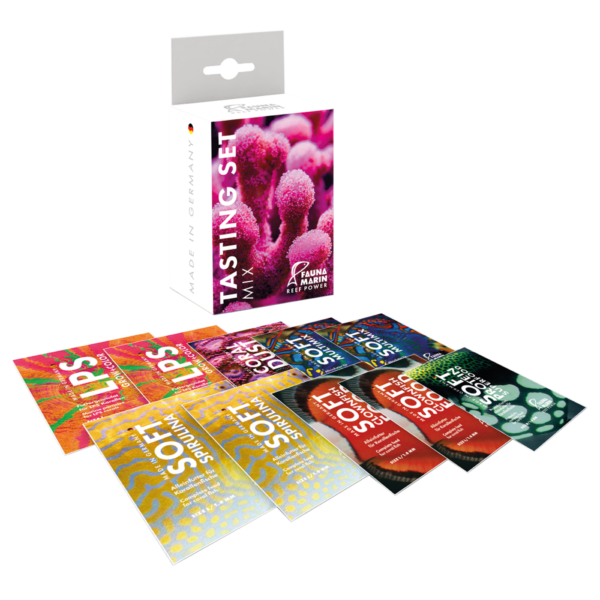 Fauna Marin Reef Power Tasting Set Mix with various sample packets for aquarium feeding.
