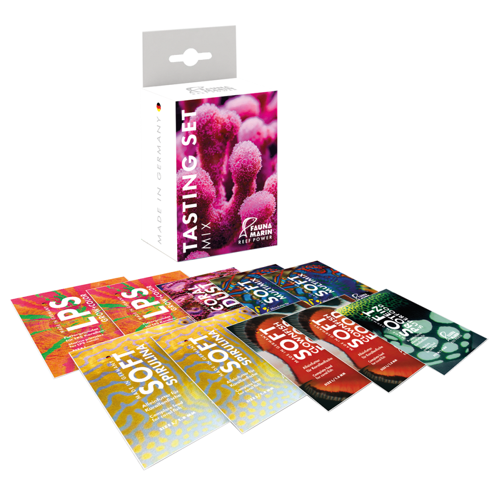 Fauna Marin Reef Power Tasting Set Mix with various sample packets for aquarium feeding.