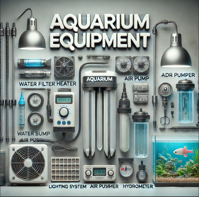 A collection of aquarium equipment including heaters, water filters, air pumps, and lighting systems arranged under a label 'Aquarium Equipment.