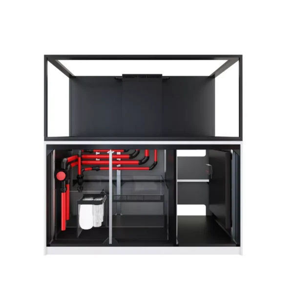 Dual reef aquariums with vibrant corals and fish, displayed in sleek black and white cabinets, ideal for marine setups.