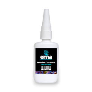 A bottle of EMA premium coral glue in an extra thick blend, featuring a black label with the Eastern Marine Aquariums logo.