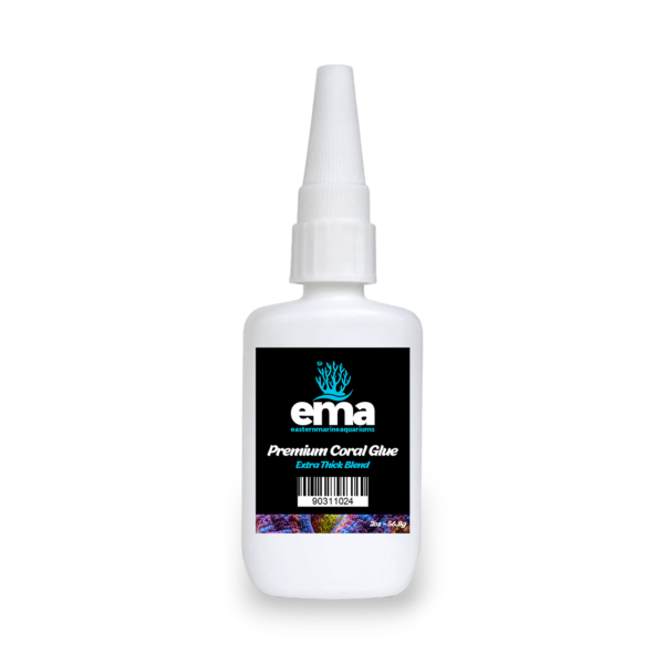 A bottle of EMA premium coral glue in an extra thick blend, featuring a black label with the Eastern Marine Aquariums logo.