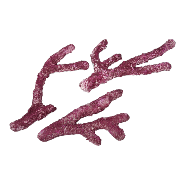 Set of three artificial purple coral branches for aquarium decoration.