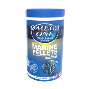 Omega One large marine pellets container for fish, with whole seafood protein, garlic flavor, and 20oz content.